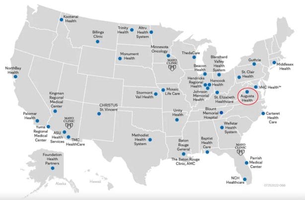A United States map marked with 37 locations of Mayo Clinic network members
