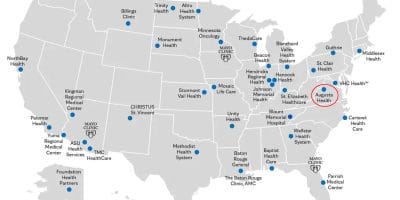 A United States map marked with 37 locations of Mayo Clinic network members