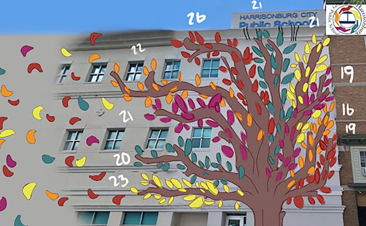A painting of a tree on the side of a building with painted leaves. 