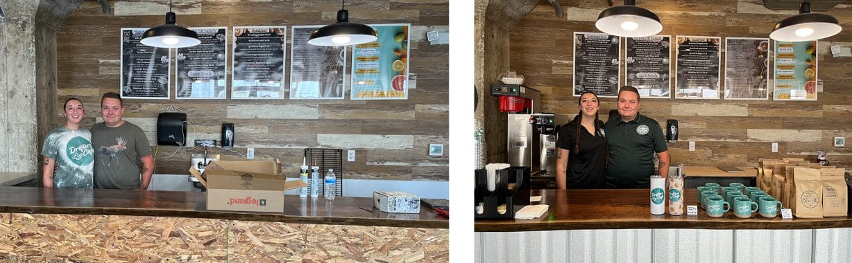 Two people smile from behind a counter