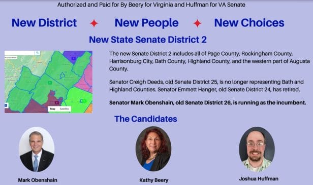 A map of the counties that make up the 2nd Senate District and faces of three people. The text outlines that the district is newly redrawn.