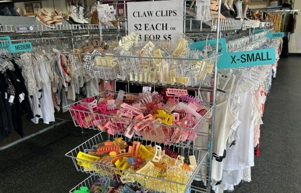 Racks of hair clips separated by color