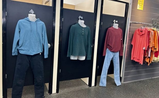 Three mannequins show different shirt/pants combinations