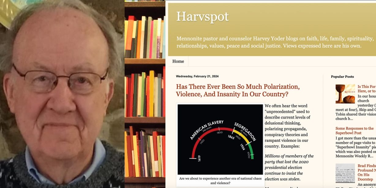 A composite image with a headshot of a man and the webpage of a blog called Harvspot