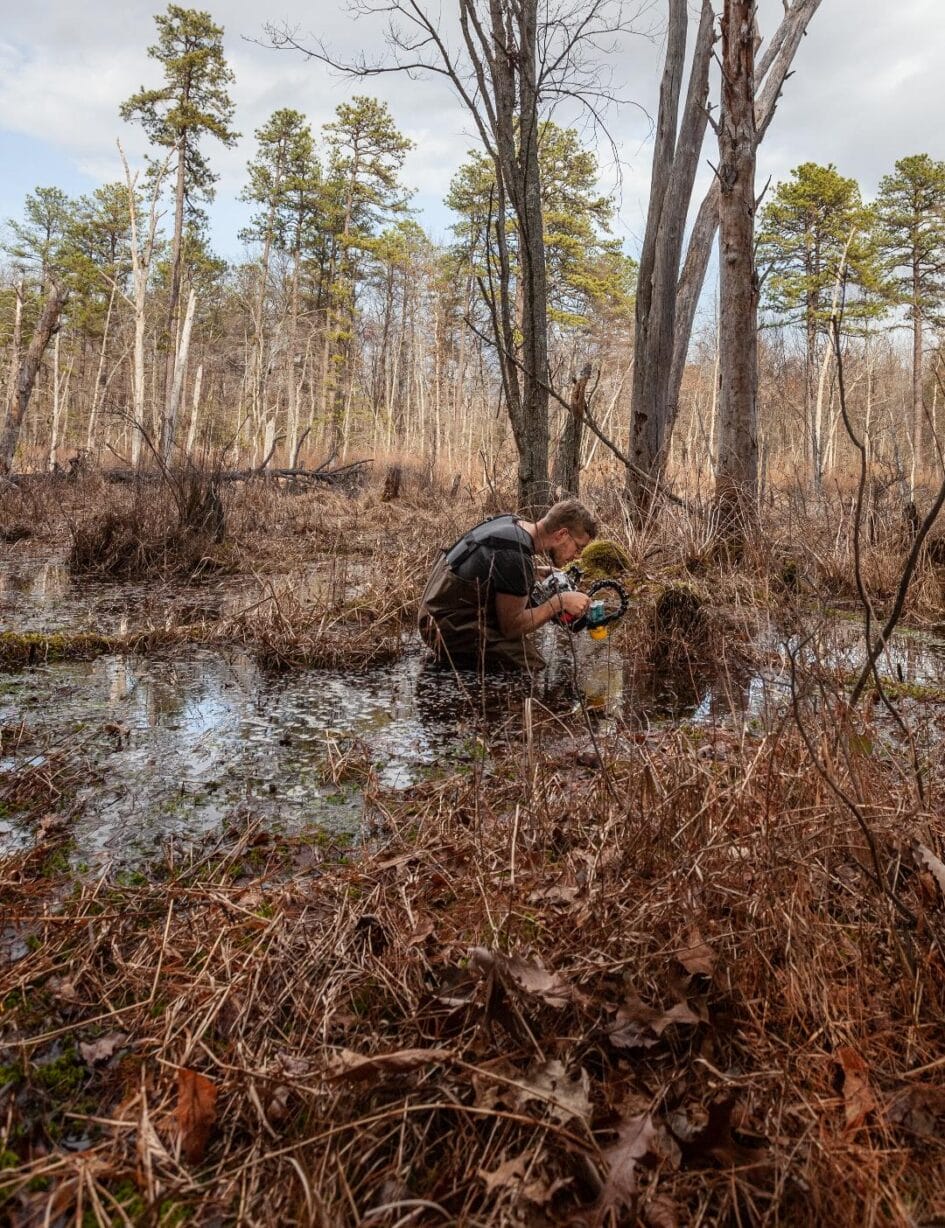 A man kneeling in a shallow pool of water surrounded by trees. He's holding a camera in his hands.