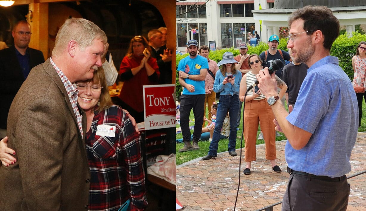 To left, a man hugs a woman. To right, a man speaks from steps to a crowd of people