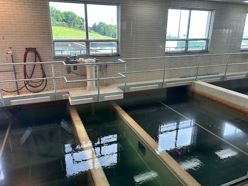 vats of water inside the facility with tiled walls