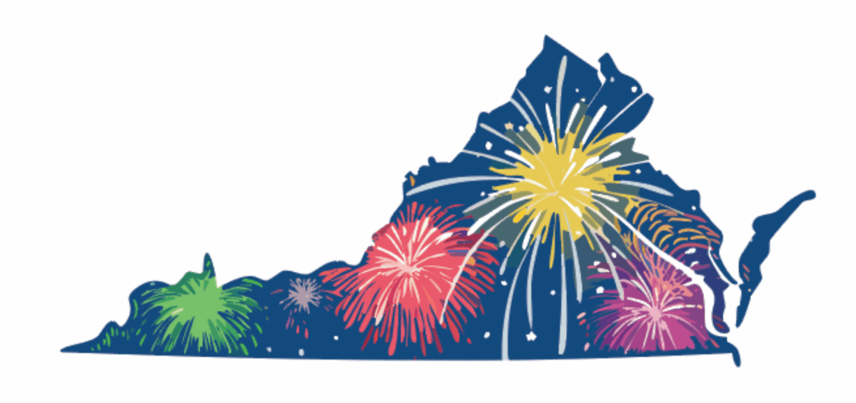 An illustration of Virginia's outline with fireworks 