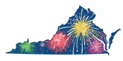 An illustration of Virginia's outline with fireworks