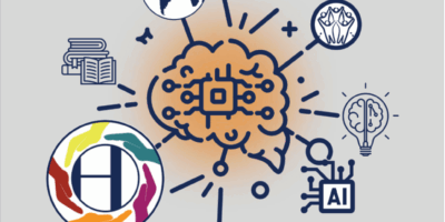 A logo with a brain and computer chip with different ideas stemming off from it.